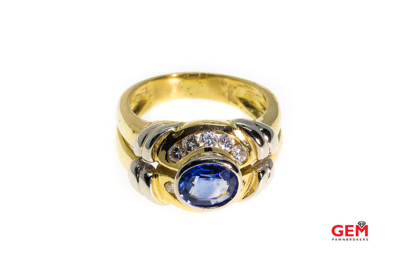 Natural Blue Sapphire & Diamond Halo Accent Pierced Band 18K 750 Yellow & White Gold Ring Size 6 3/4