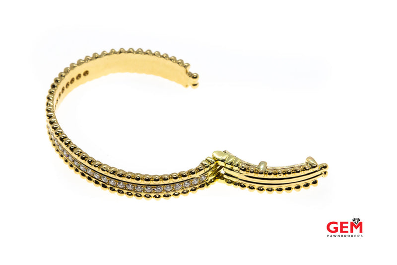 Diamond Line 8.7mm Beaded Open Cuff 18K 750 Yellow Gold Bracelet Bangle Cuff