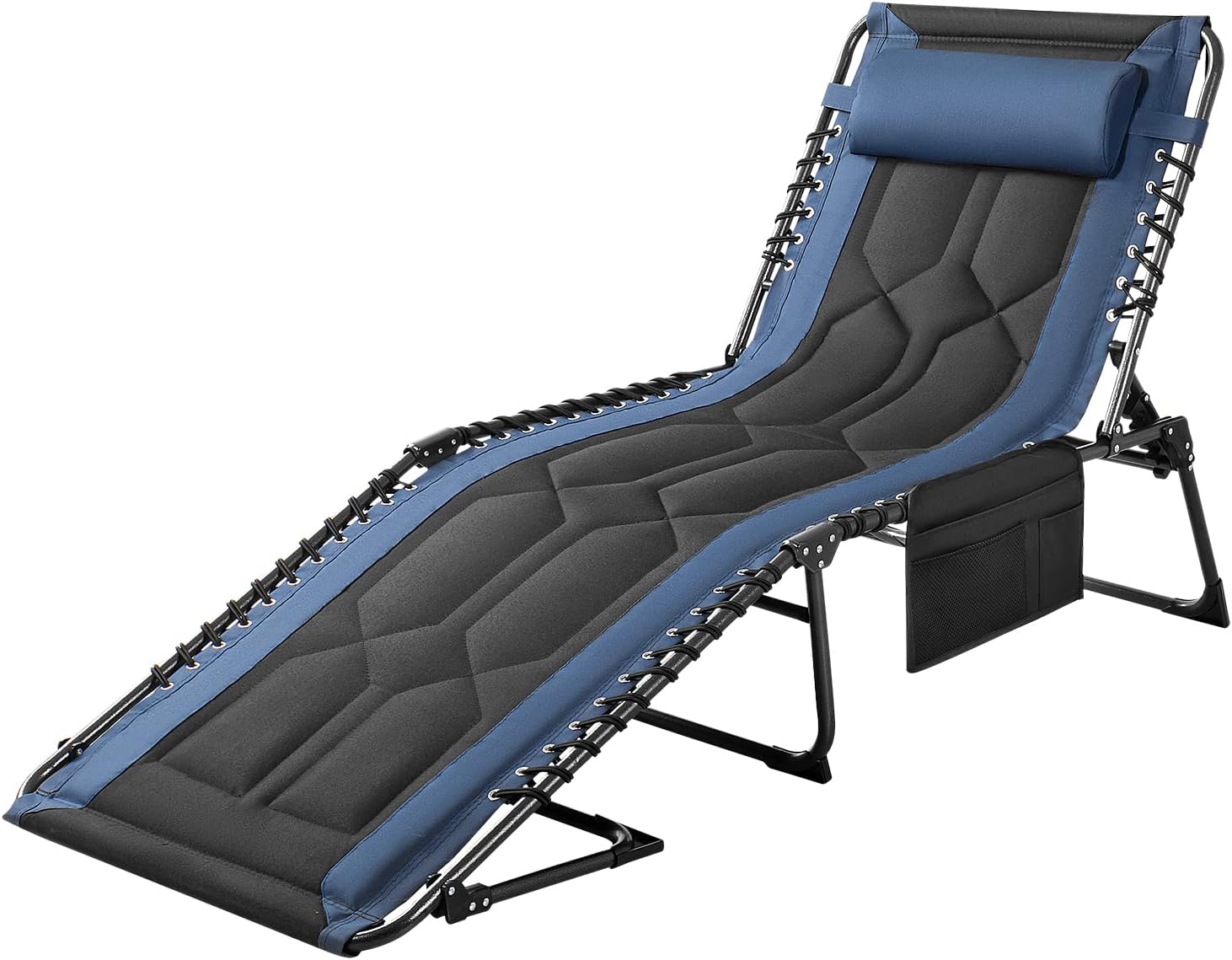 Folding Chaise Lounge Outdoor Portable Lounge Chairs 4-Position Adjustable Camping Lounge Chair with Pillow & Side Bag Lightweight Recliner Sunbathing Chair for Pool Beach Deck (Blue orGray)