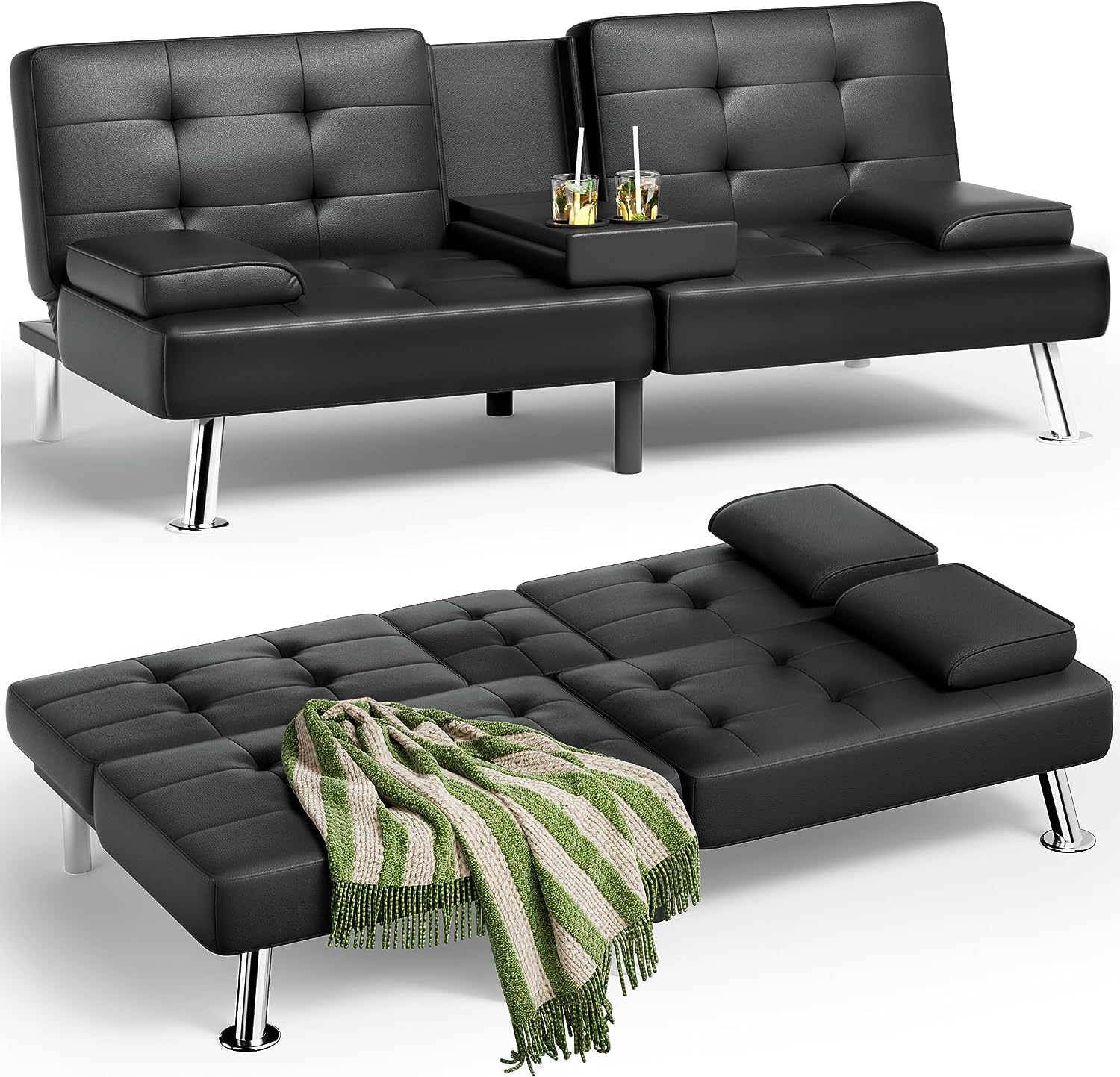 Faux Leather Upholstered Modern Convertible Folding Futon Sofa Bed with Removable Armrests, Adjustable Recliner Couch Bed Loveseat with 2 Cup Holders for Living Room (Leather, Black)