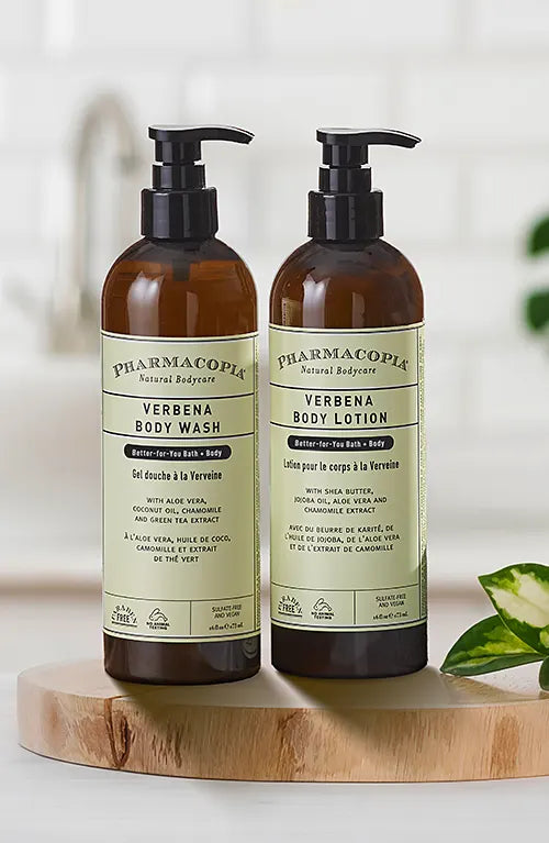 Pharmacopia Verbena bottles in bathroom