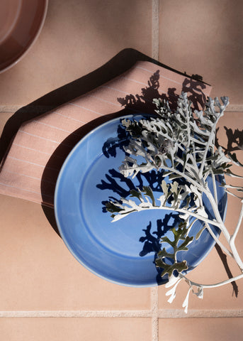 Stilleben Memphis Dinner Plate in Dusty Blue and Table Napkin in Terracotta with olive branch