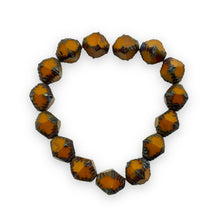 Load image into Gallery viewer, Czech glass carved faceted bicone beads 15pc orange picasso 10x8mm
