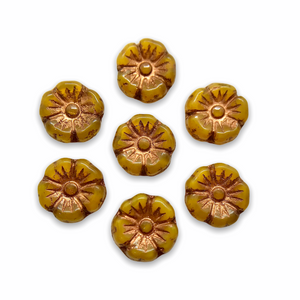 Czech glass hibiscus flower beads 12pc milky yellow copper 10mm-Orange Grove Beads