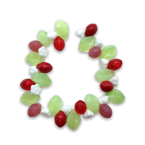 Czech glass beads 36pc strawberry fruit shaped mix with leaves