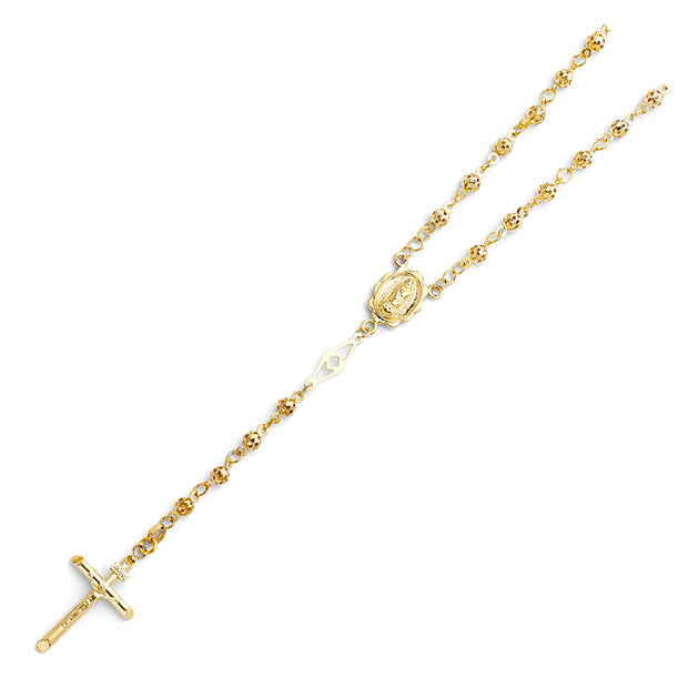 4mm Diamond-Cut Cross Rosary Crucifix Chain Necklace 10K Yellow Gold