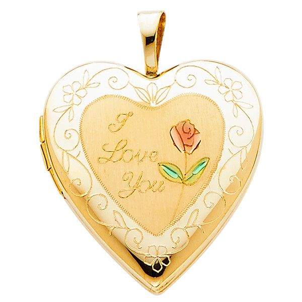 14K Flower Enamel Engraved Heart "I Love You" Locket Pendant