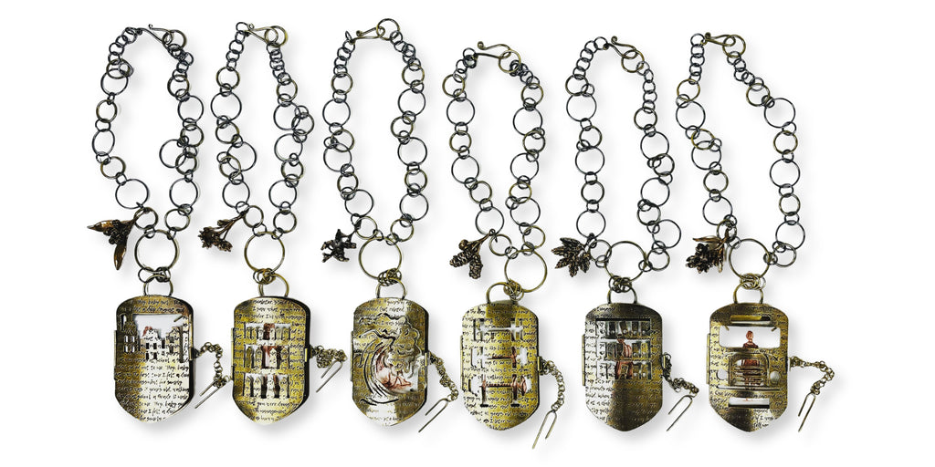 I Am Not an Object series, 2022. Pre-consumer recycled Sterling silver, brass, copper, vitreous enamel. Locket 12 x 6.5 x 1 cm each, Chain L 30 cm each.