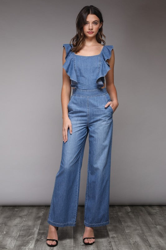 tie back denim jumpsuit