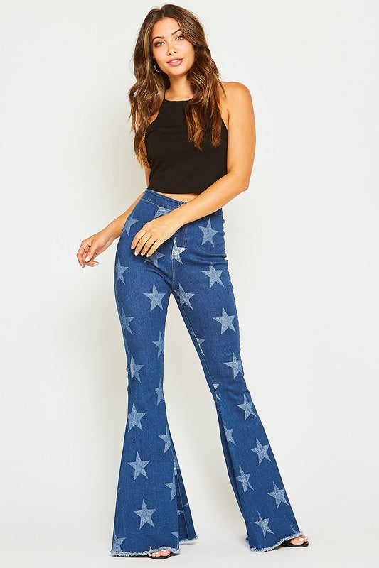 star print flare jeans