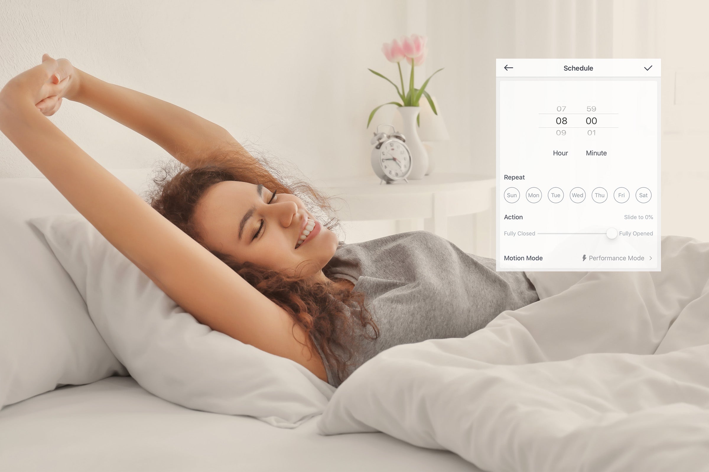 Struggling with the alarms in weekdays’ morning? Let the SwitchBot Curtain save you. Set up a schedule on your phone, your curtains will be automatically opened before your alarm goes off.