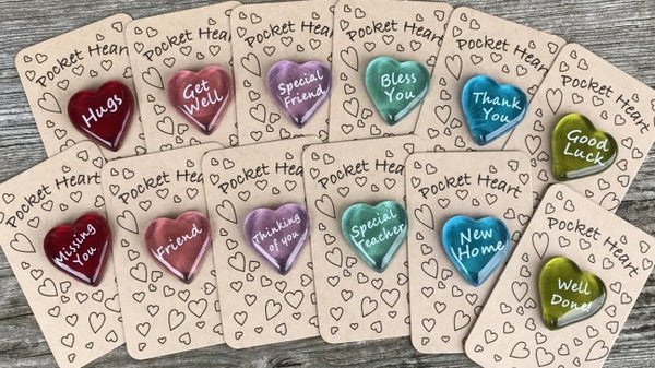 Set of 12 Pocket Hearts  GOOD WISHES (Brown Card)