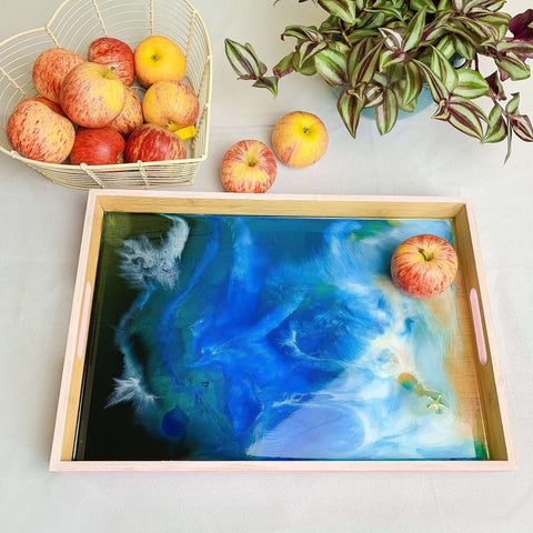 wooden serving tray , Wine Server , serving platter , Rustic Wooden Tray , resin tray , resin serving tray , Resin Art Ocean waves , resin art , Ocean tray , ocean resin art , nautical decor , Mum Gift , kitchen gifts , Charcuterie Platter , Charcuterie board , breakfast tray , beach serving tray , bamboo serving tray , Appetizer Platter