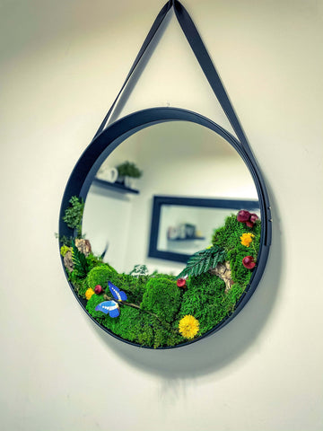 Leather Strap Wooden Wall Round Hanging Decorative Moss Vanity Mirror, moss covered mirror, moss art framed mirror
