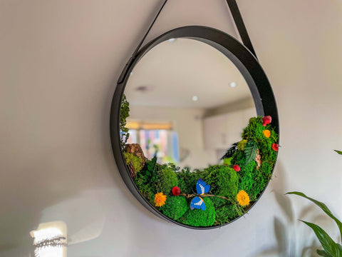 Leather Strap Wooden Wall Round Hanging Decorative Moss Vanity Mirror, moss covered mirror, moss art framed mirror