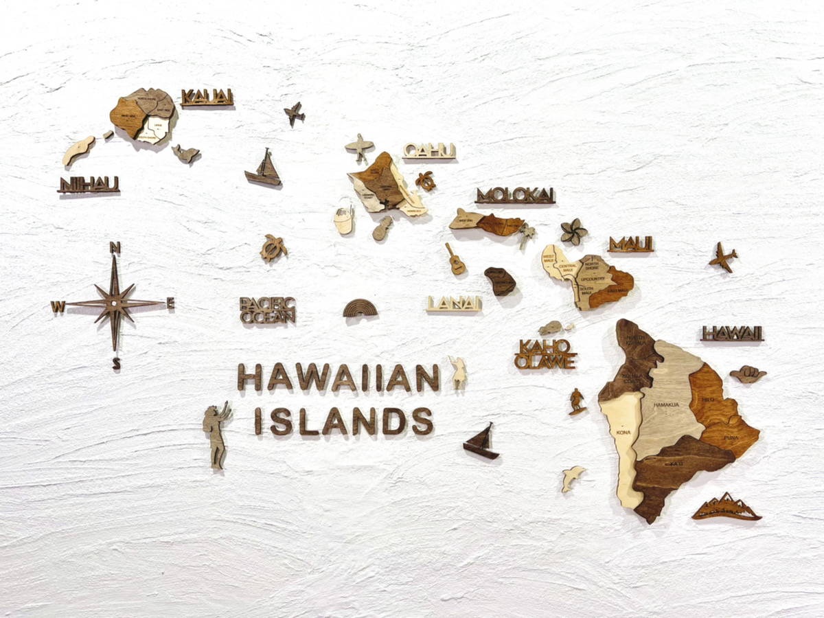 3D Wood Hawaiian Islands Map 壁掛け木製ハワイ諸島地図【翌日出荷