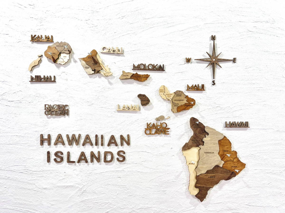 3D Wood Hawaiian Islands Map 壁掛け木製ハワイ諸島地図【翌日出荷