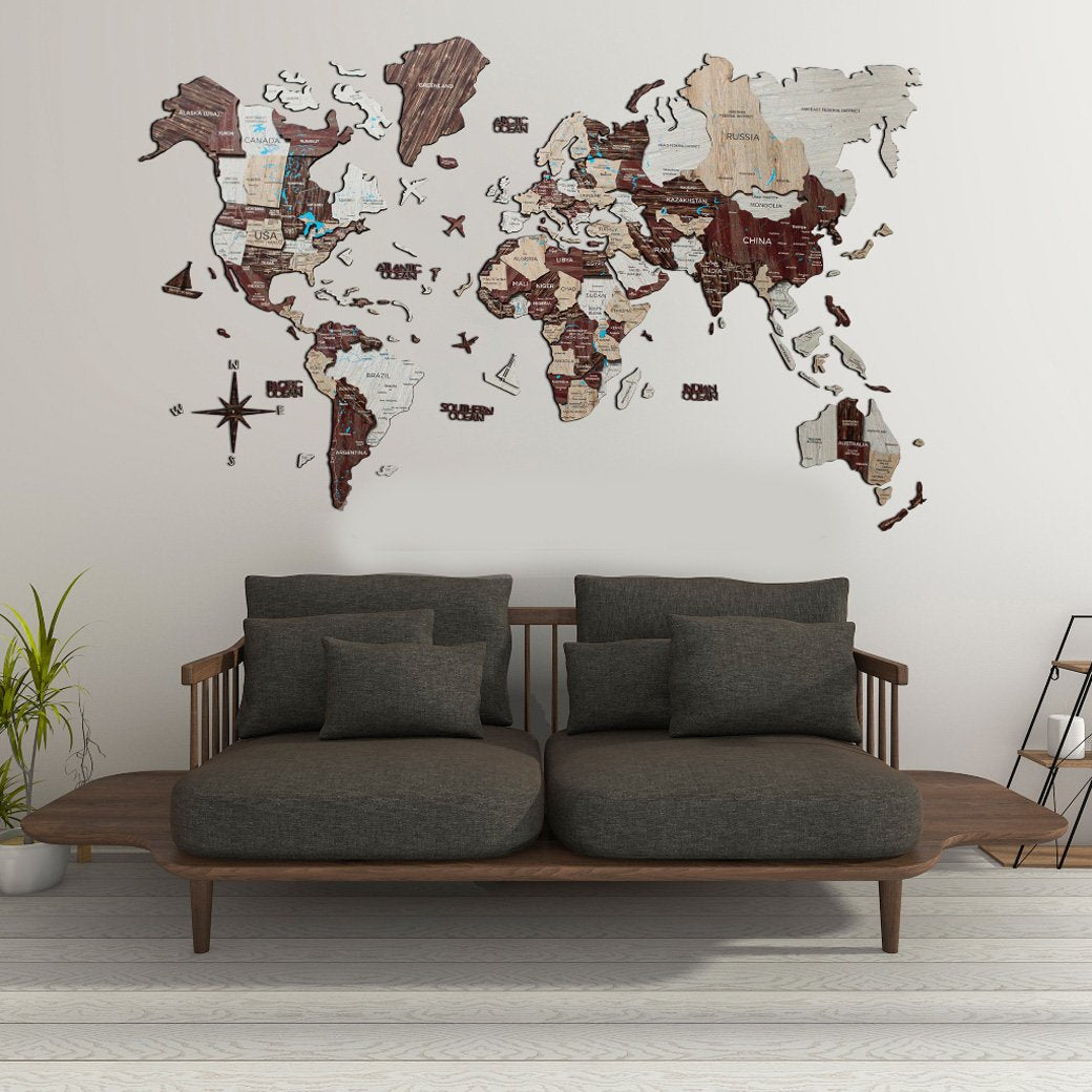 3D Wood World Map カプチーノカラー 壁掛け木製世界地図【翌日