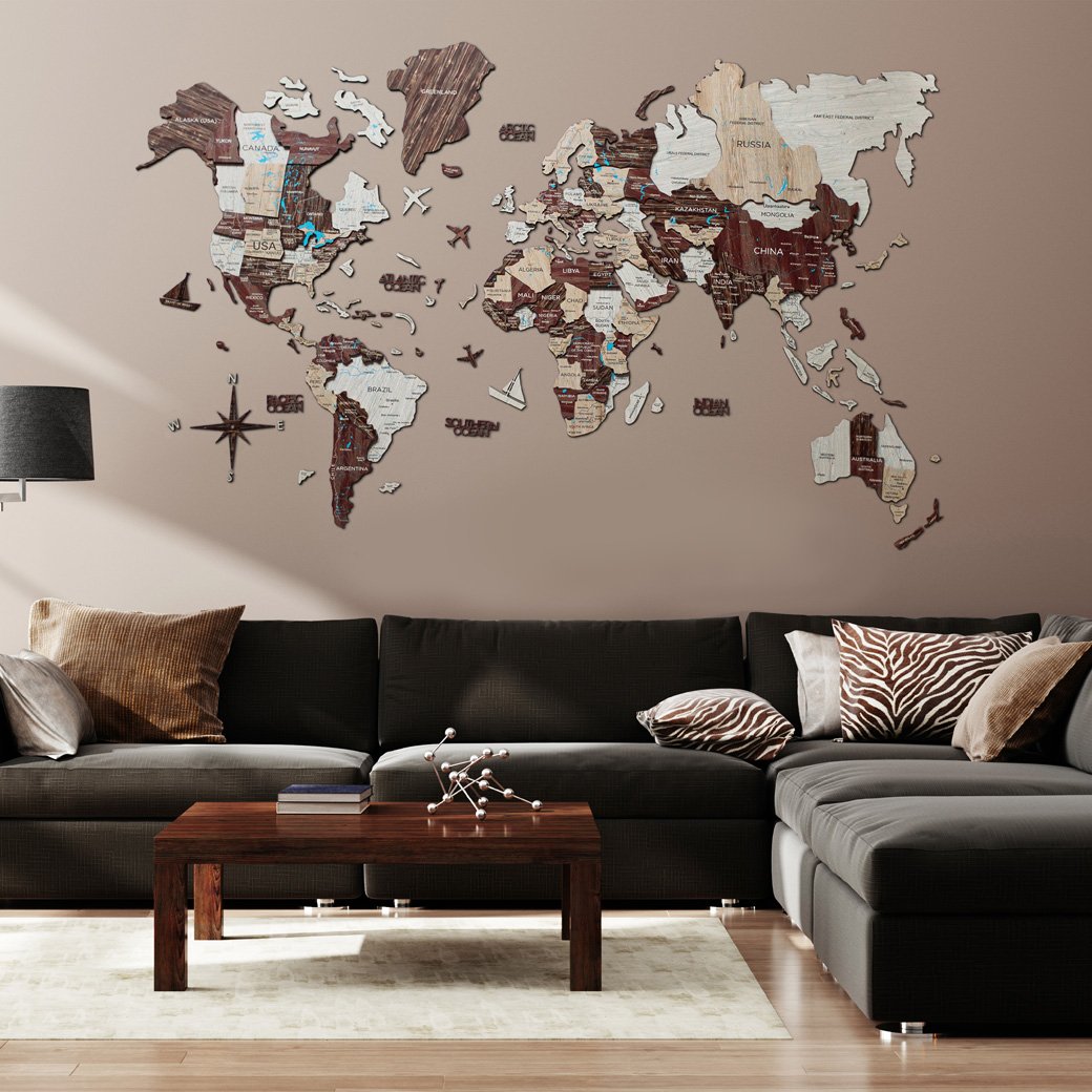 3D Wood World Map カプチーノカラー 壁掛け木製世界地図【翌日出荷 