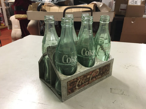 Vtg Coca-Cola 6 pack 6 1/2 oz glass bottles aluminum base steel handle case set