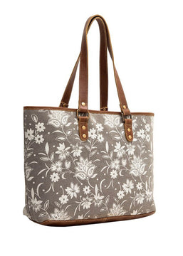 Gray Floral Leather Tote Handbag