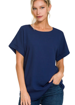 Navy Woven Rolled Sleeve Top