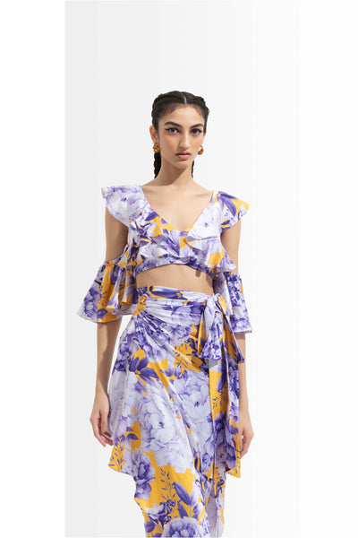 Mandira Wirk Sumire printed satin butterfly bustier paired with satin printed wrap skirt purple western indian designer wear online shopping melange singapore