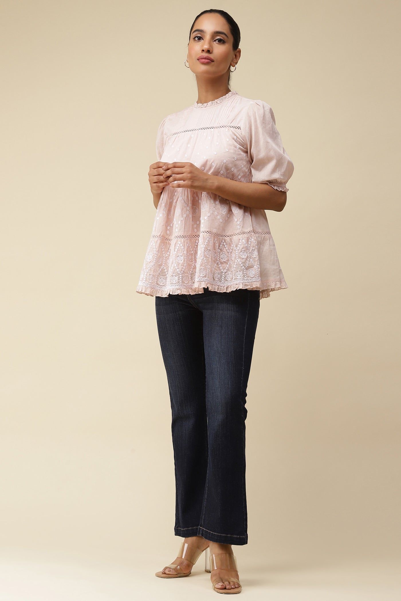 label ritu kumar Pink Embroidered Top With Lace Inserts western  designer wear online shopping melange singapore 