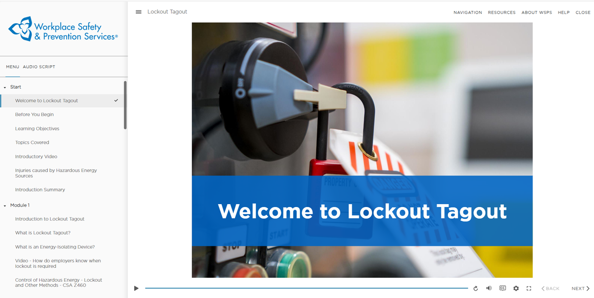 screenshot of WSPS lockout tagout online eCourse