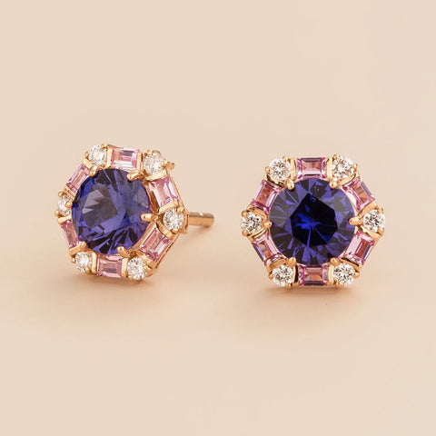 Buy Jewellery Gift Online Melba Rose Gold Earrings Set With Purple Sapphire, Pink Sapphire and Diamond By Juvetti Online Jewellery London