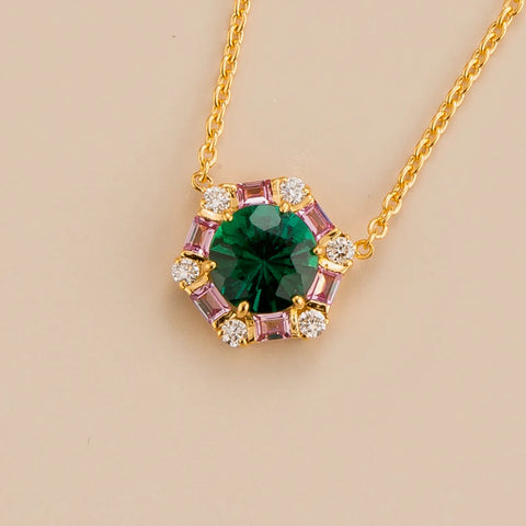 Buy Online Melba gold necklace set with Emerald Pink sapphire and Diamond