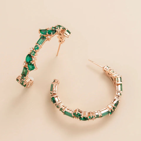 Lanna Large Hoop Earrings In Emerald & Diamond Set In Rose Gold