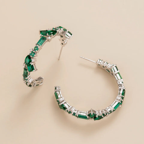 Lanna Large Hoop Earrings In Emerald and Diamond Set In White Gold By Bespoke Jewellery London