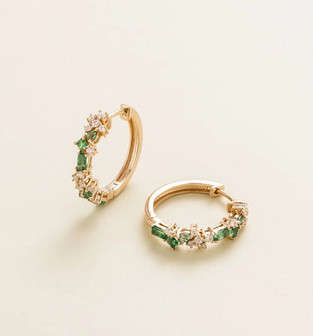 Lanna Small Hoop Huggie Earrings In Emerald and Diamond Set In Gold