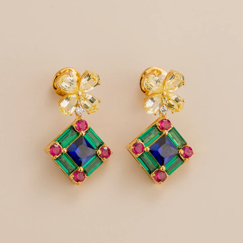 Order Online Medina Gold Earrings In Yellow Sapphire, Royal Blue Sapphire, Emerald and Diamond