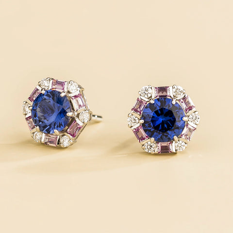 Order Jewellery Online Melba White Gold Earrings Set With Blue Sapphire Pink Sapphire and Diamond By Juvetti UK