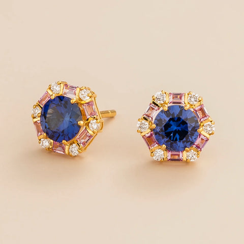 Order Online Melba Gold Earrings Set With Blue Sapphire, Pink Sapphire and Diamond By Juvetti London