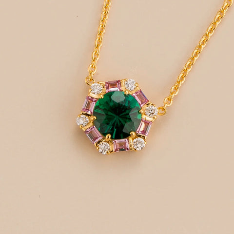 Order Online Melba gold necklace set with Emerald, Pink sapphire and Diamond