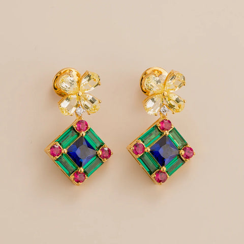 Buy Online Medina gold earrings in Yellow sapphire, Royal blue sapphire Emerald and Diamond