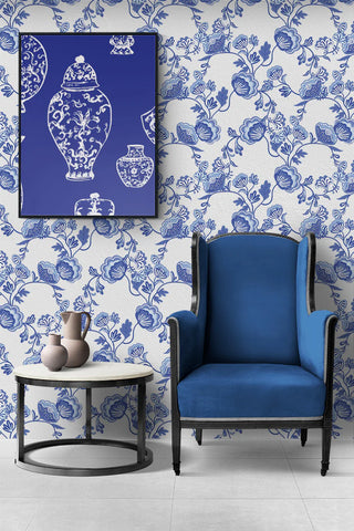 WALLPAPER - BLUE FLOWERS IN CHINOISERIE STYLE