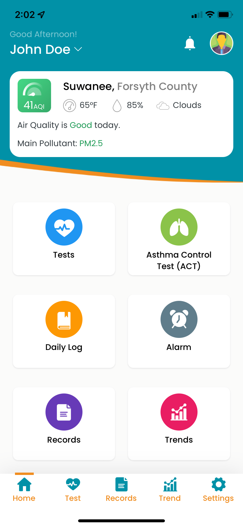 AsthmaGo - Mobile App - Home Screen 