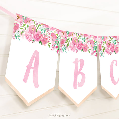 Pink Floral Printable Banner All Letters And Numbers Lively Imagery