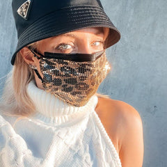 Goldene Leopard Fashion Mundschutzmaske aus Pailletten - Doppel Maske 