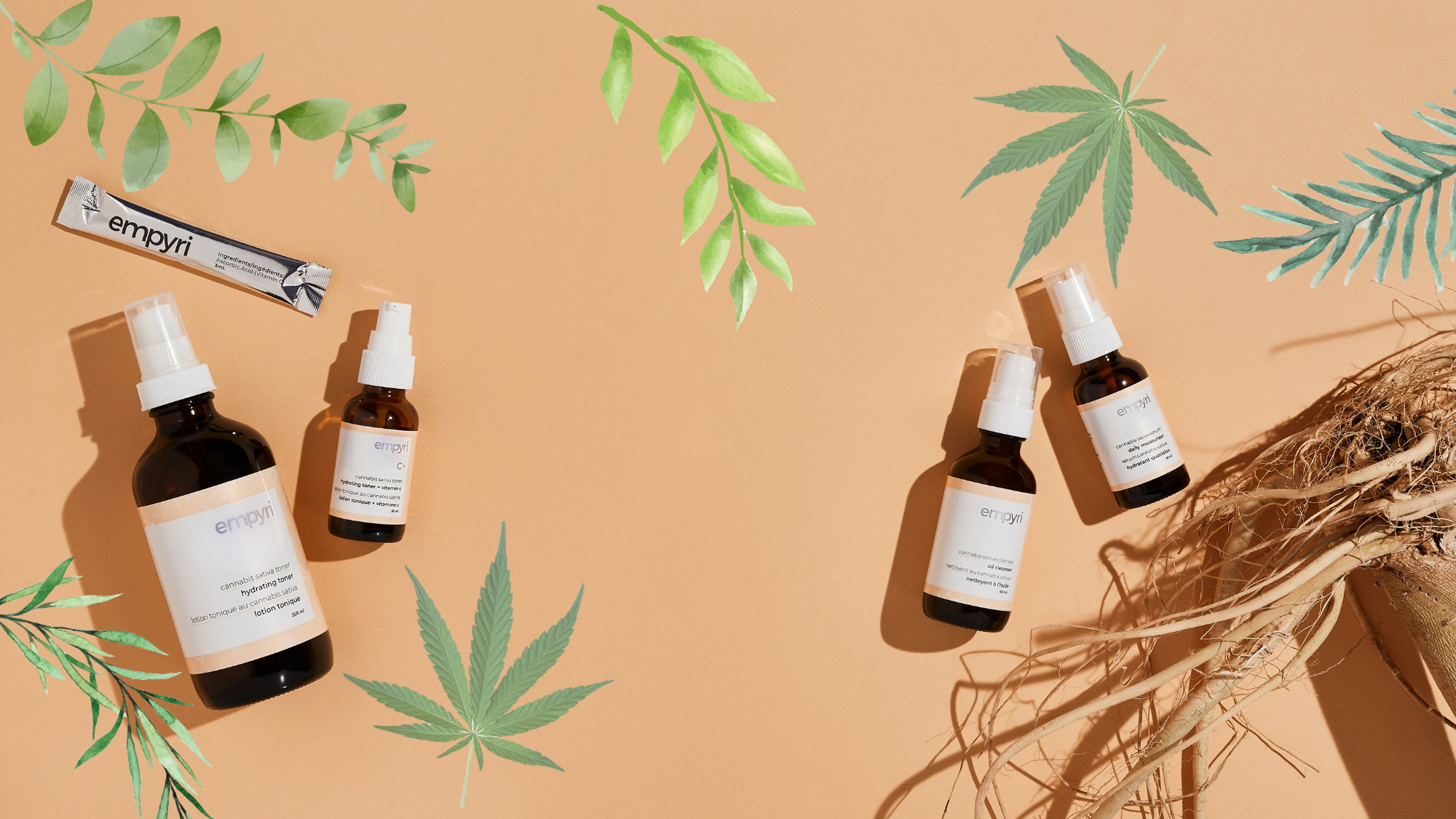 hemp skincare set with leaves and roots 