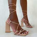 Kovogue Square Toe Lace-Up Triangular Block Heels