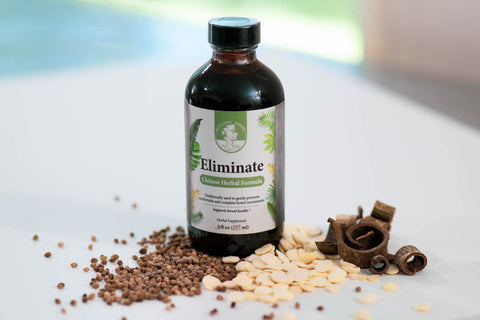 An amber glass bottle with a product label, with three piles of herbal ingredients arranged in front, on a blurry white background.