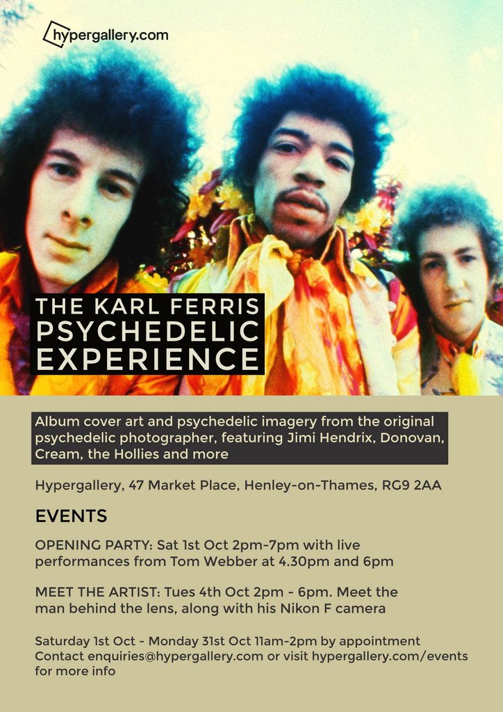 Album cover art and psychedelic imagery from the original psychedelic photographer featuring Jimi Hendrix, Donovan, Cream, The Hollies, The Beatles and more  Hypergallery, 47 Market Place, Henley-on-Thames, RG9 2AA Saturday 1st - Monday 31st October 2022 by appointment