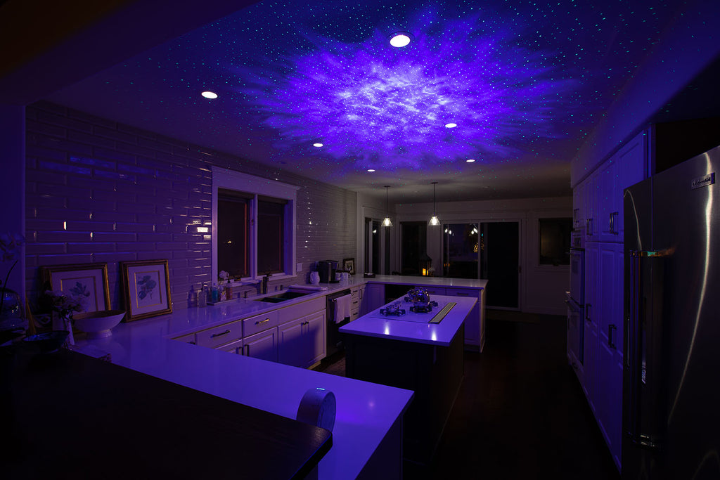 sky lite galaxy projector in kitchen