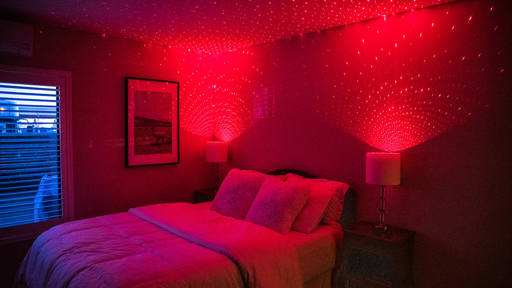 bedroom with red blissbulbs