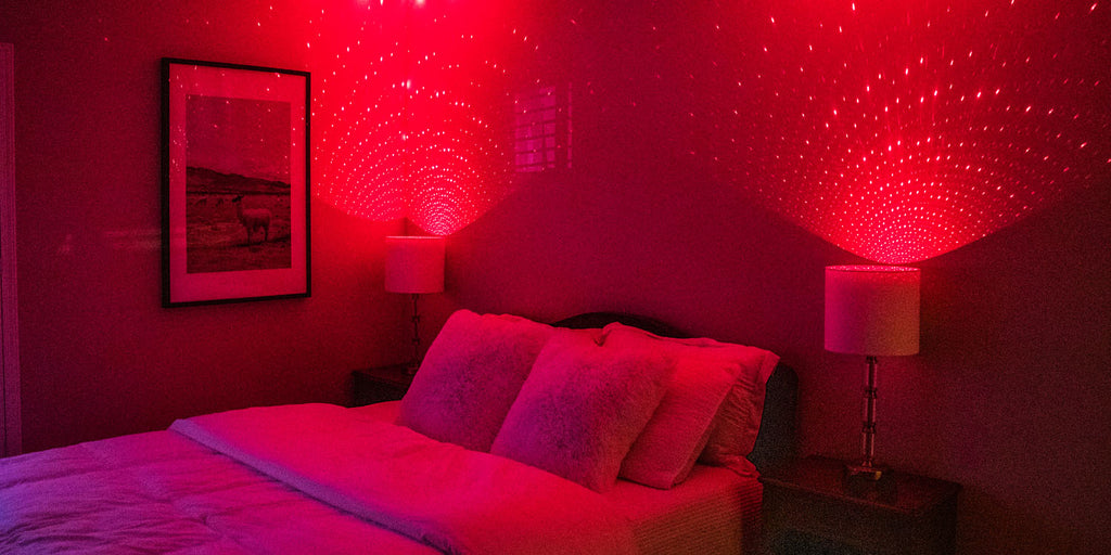 bedroom with red blissbulbs